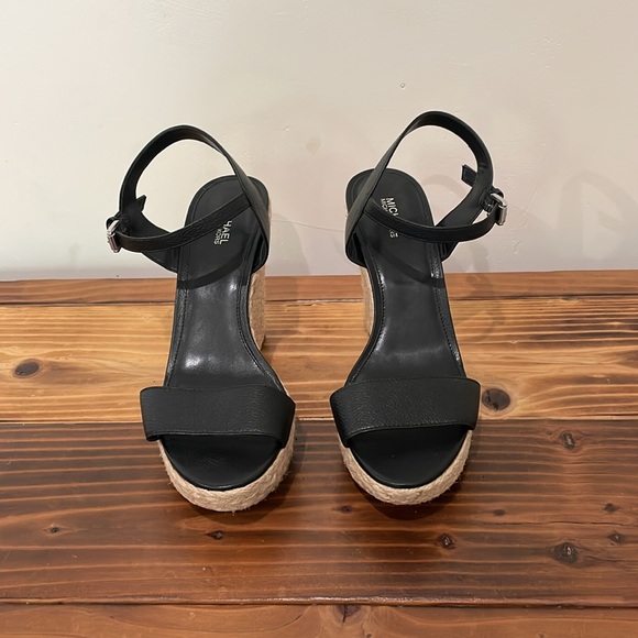 Michael Kors Jill Leather Wedge Sandals Espadrille Sandal Black Size 8.5M - Picture 5 of 16